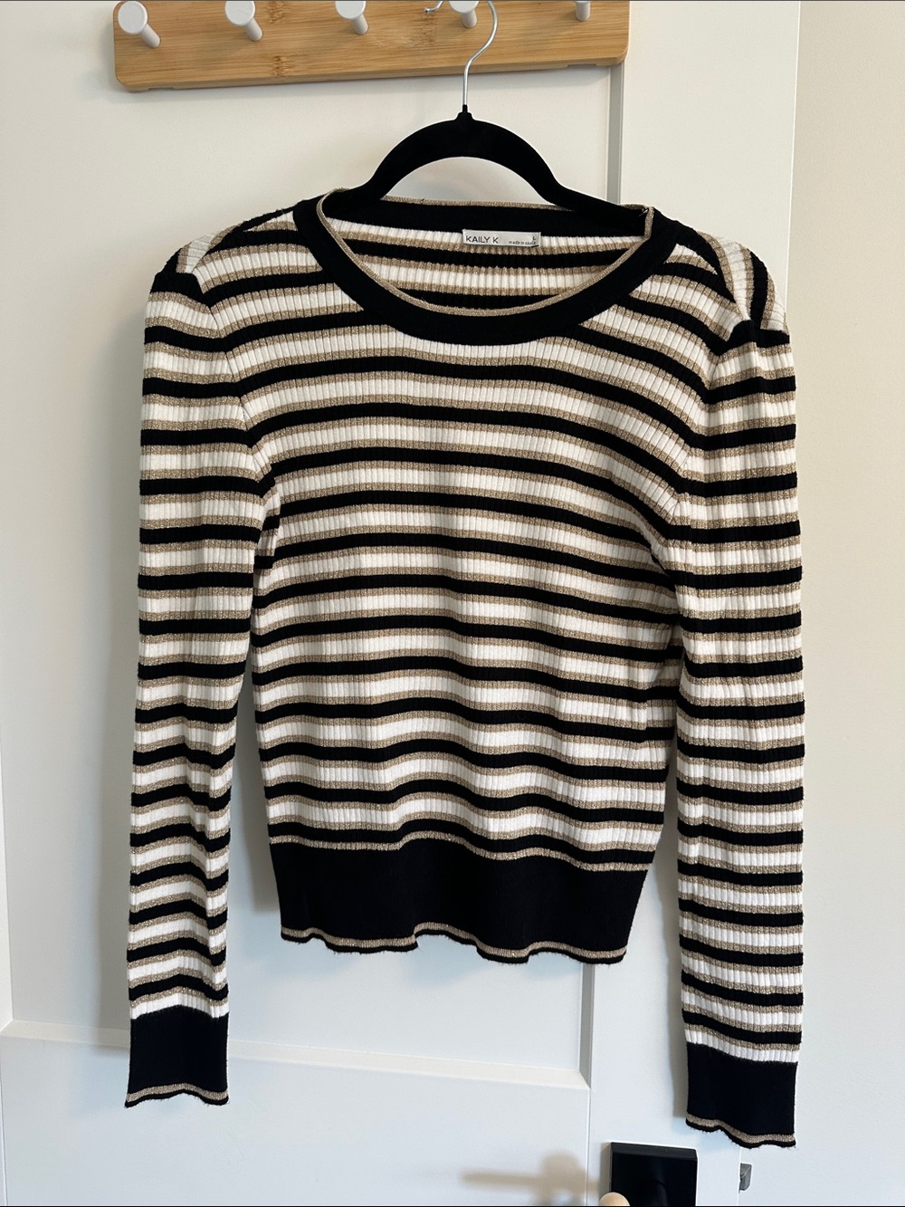 Black and Cream Striped Ribbed Crew Neck Top
